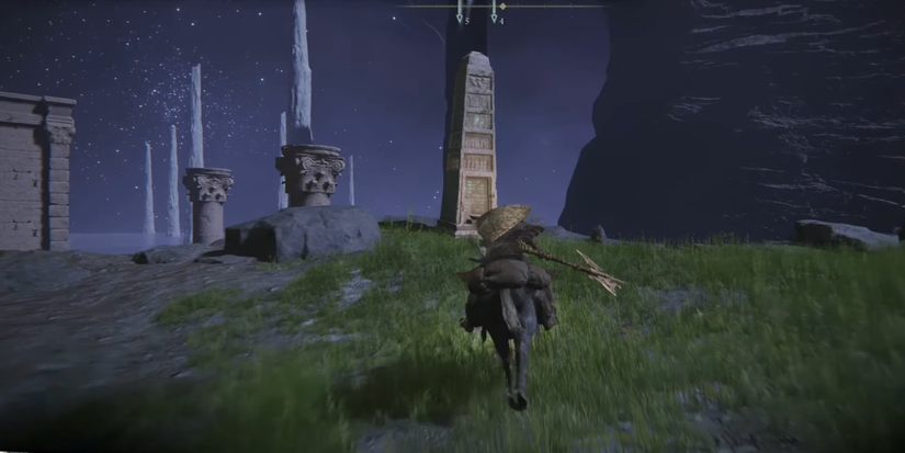 Player riding to fifth Flame Pillar in Noktron, Eternal City in Elden Ring.