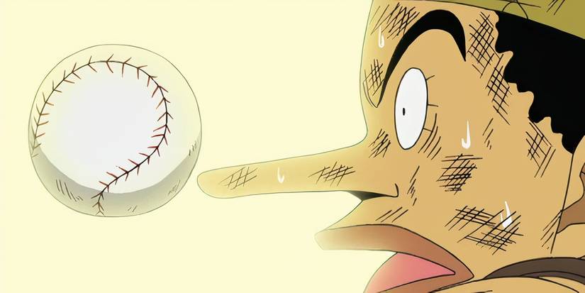 Usopp sendo atingido por uma bola de beisebol em One Piece