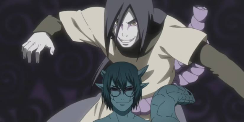 A devious Orochimaru stands over Kabuto in his snake form in Naruto Shippuden.