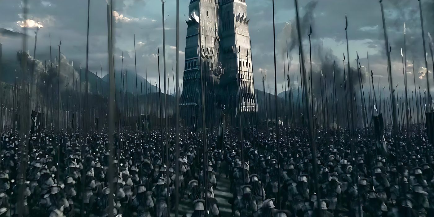 Orthanc with a horde of orc soldiers in Lord of the Rings