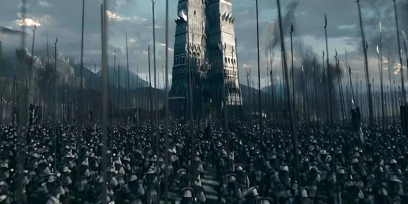 Orthanc with a horde of orc soldiers in Lord of the Rings