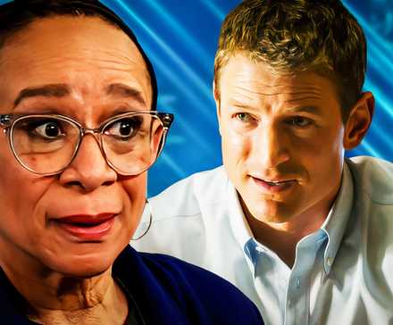 Philip Winchester as Peter Stone in Chicago Justice and S. Epatha Merkerson as Sharon Goodwin in Chicago Med.
