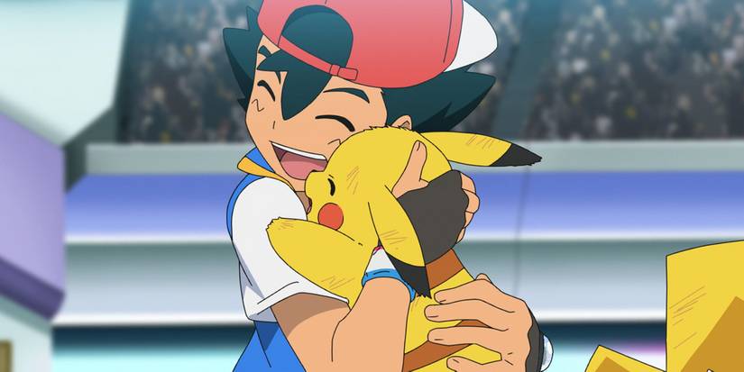 Ash abraça um Pikachu cansado em Pokémon.