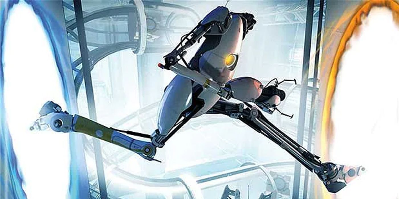 Portal 2 Key art featuring a robot jumping between a blue and orange portal