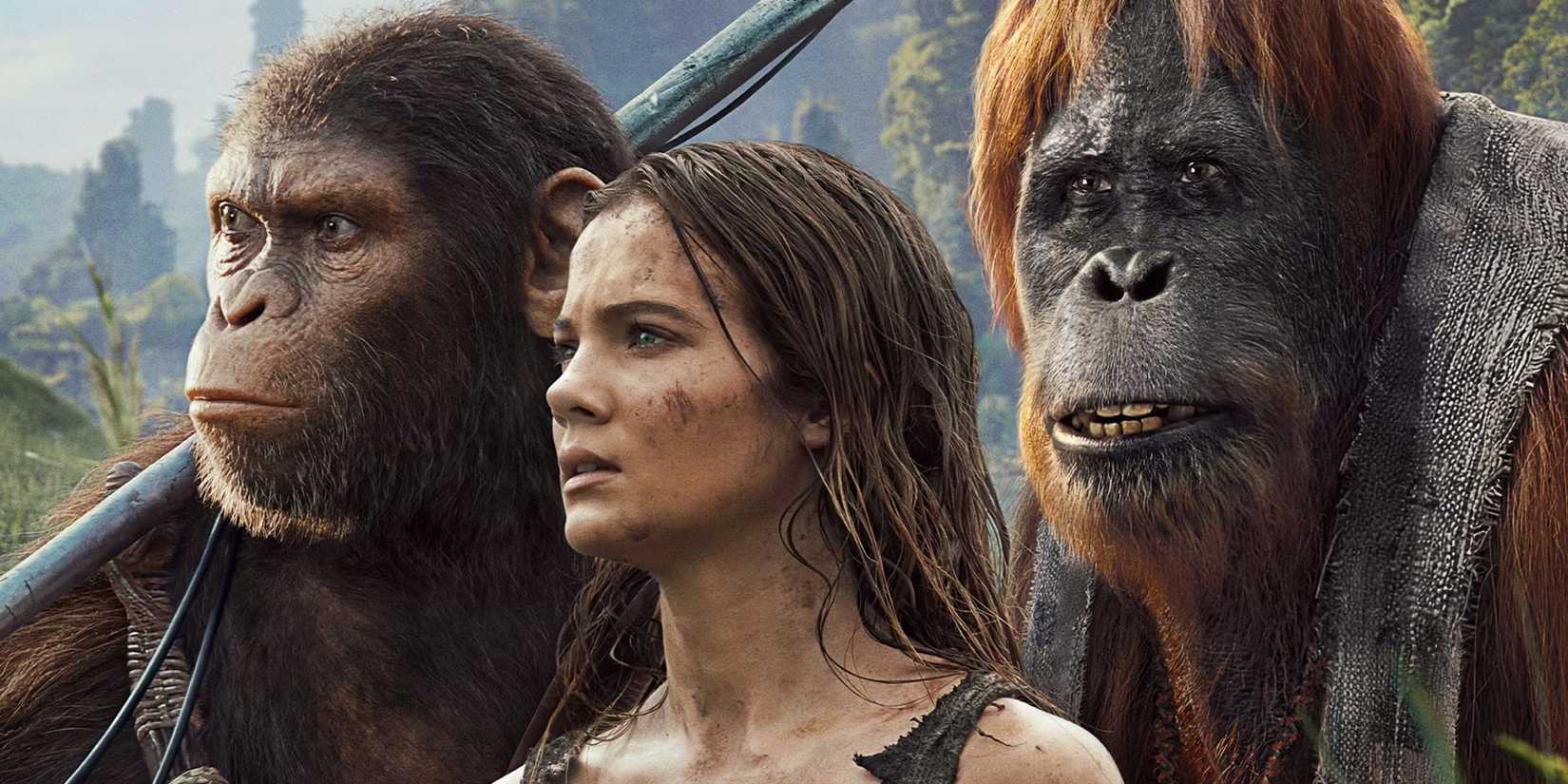 Poster for Kingdom of the Planet of the Apes with two apes and Mae (Freya Allan) looking intensely at something off-camera