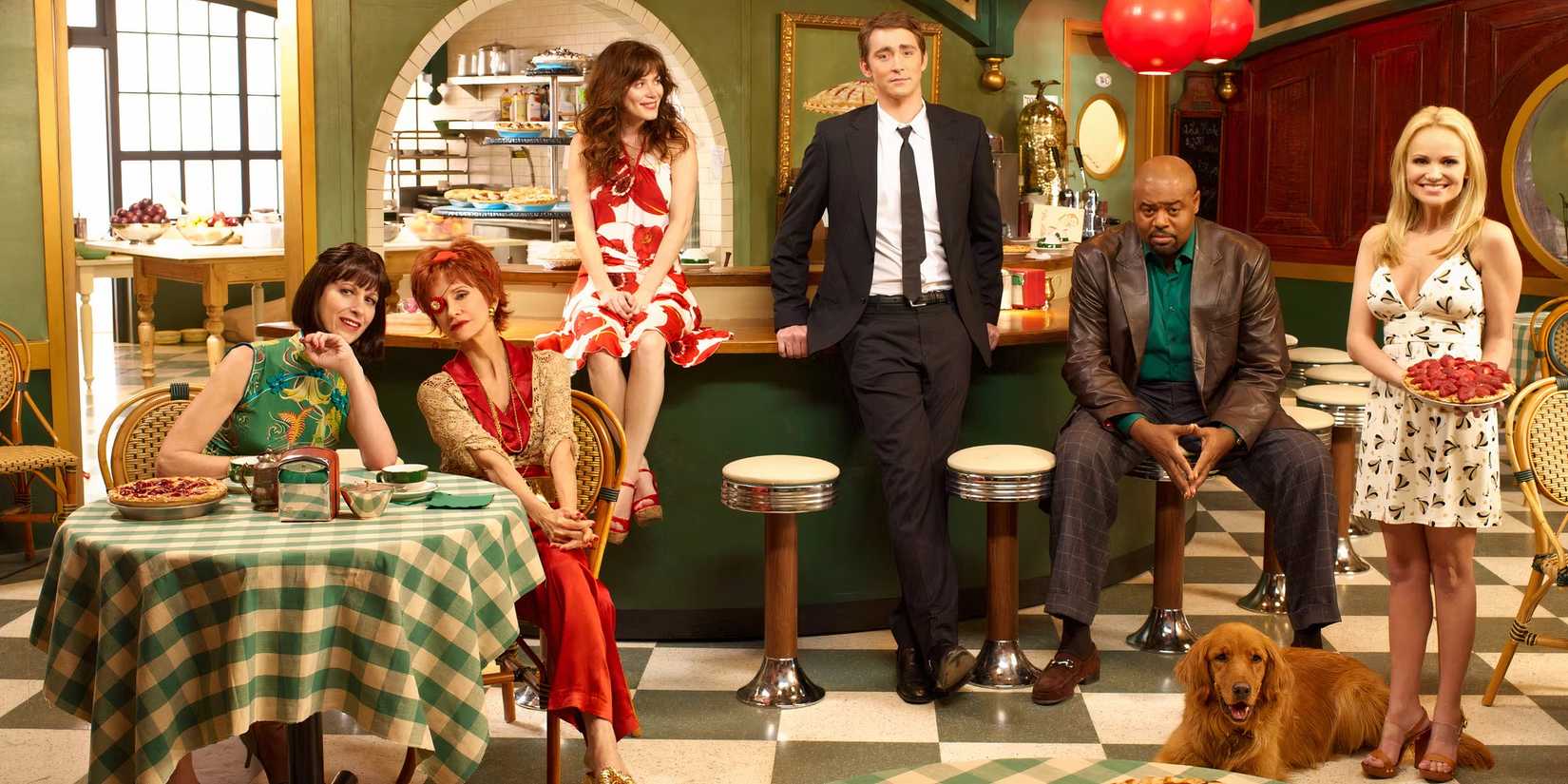 Promo image of the Pushing Daisies cast in the Pie Hole restaurant