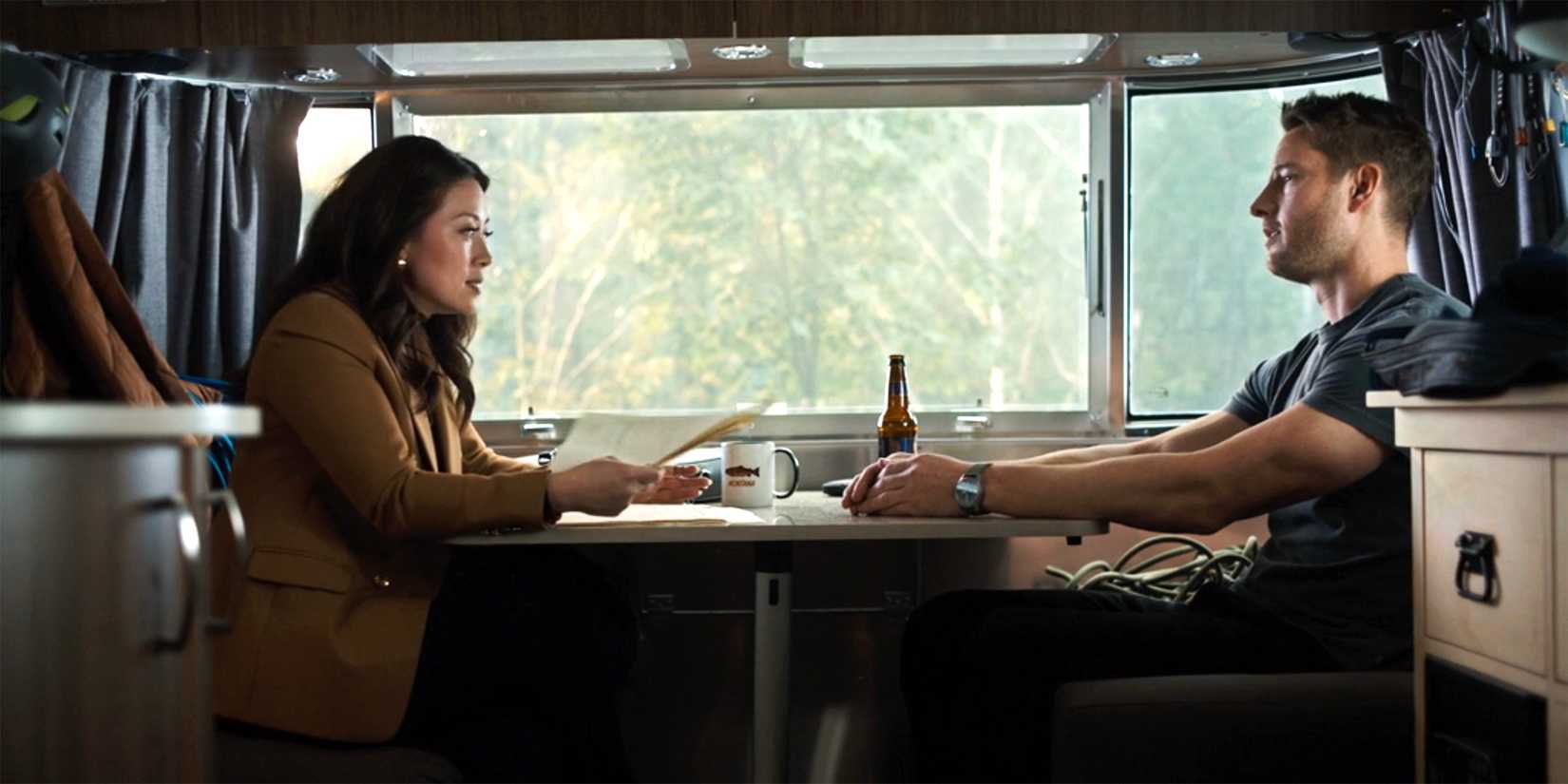 Reenie and Colter talking in Colter's tralier in St Louis