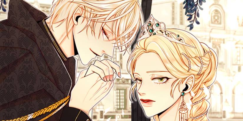 Remarried Empress official art of the male and female lead holding hands.