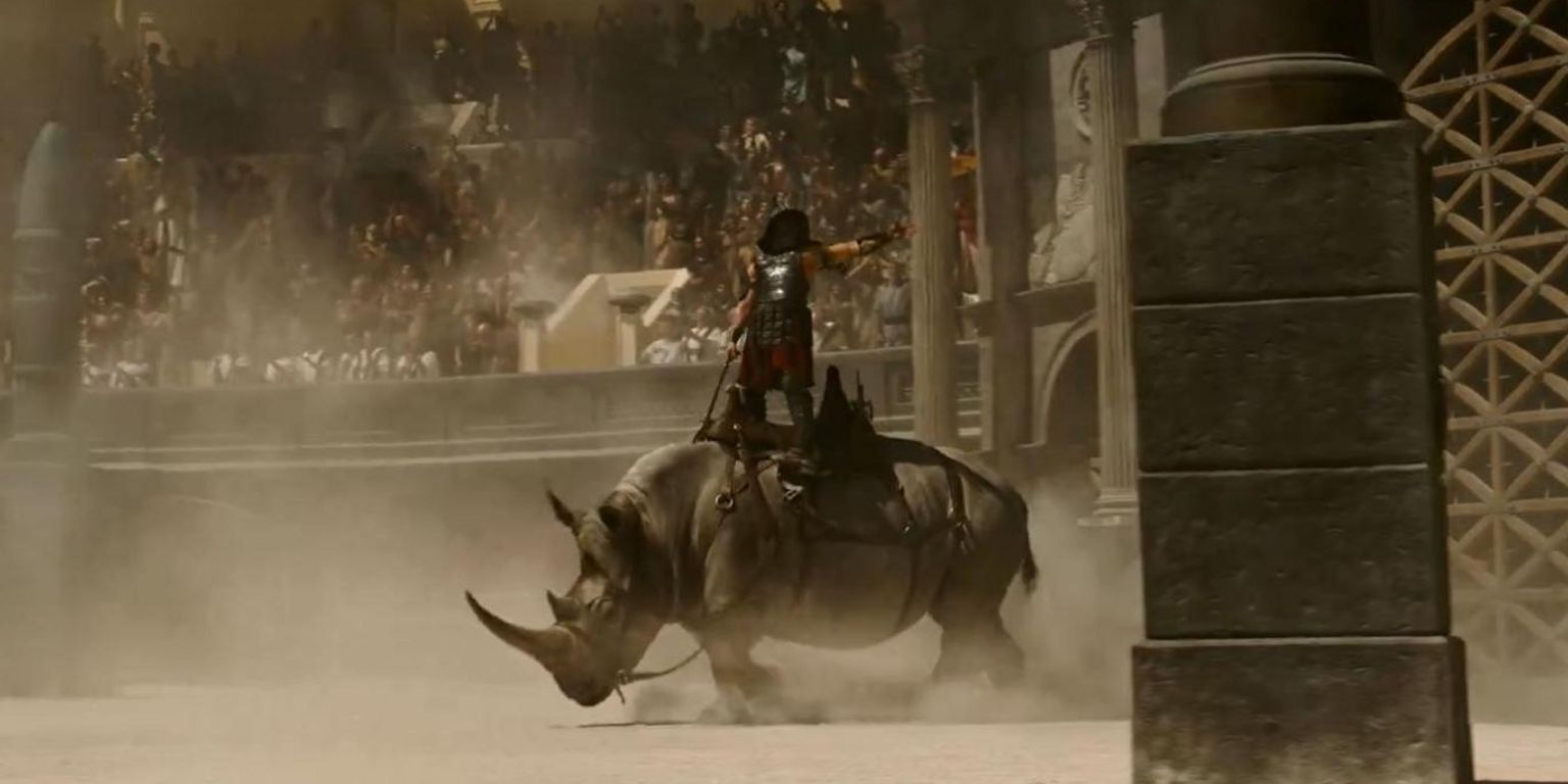 Rhino with a rider on top of it in the Gladiator 2 trailer