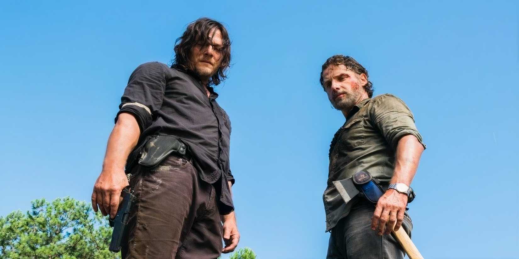 Rick Grimes (Andrew Lincoln) and Daryl Dixon (Norman Reedus) looking down in The Walking Dead