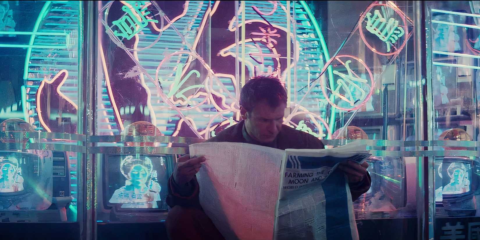 Rick Deckard em Blade Runner, cena icônica do gênero cyberpunk.
