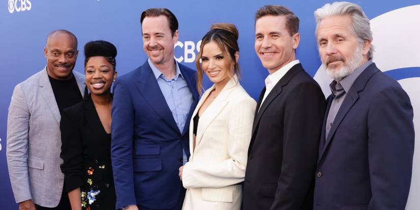 Rocky Carroll, Diona Reasonover, Sean Murray, Katrina Law, Brian Dietzan and Gary Cole from ‘NCIS’ attend the CBS New Fall Schedule Celebration event to announce CBS' 2024-2025 primetime lineup at Paramount Studios in Los Angeles on May 2, 2024