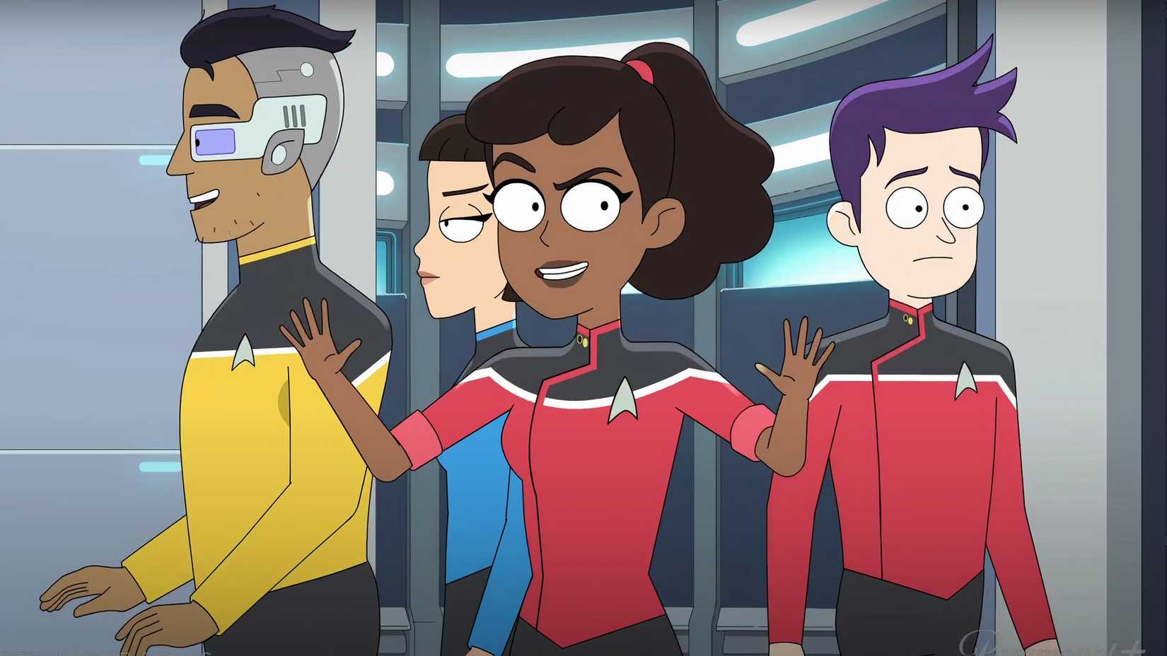 Rutherford Mariner and Boimler entering the bridge on Star Trek Lower Decks season 5