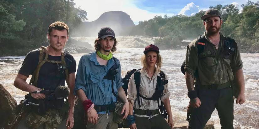 Sam Brown, Parker Schnabel, Karla Ann Charlton, and Rick Ness posing on Gold Rush Parker's Trail.