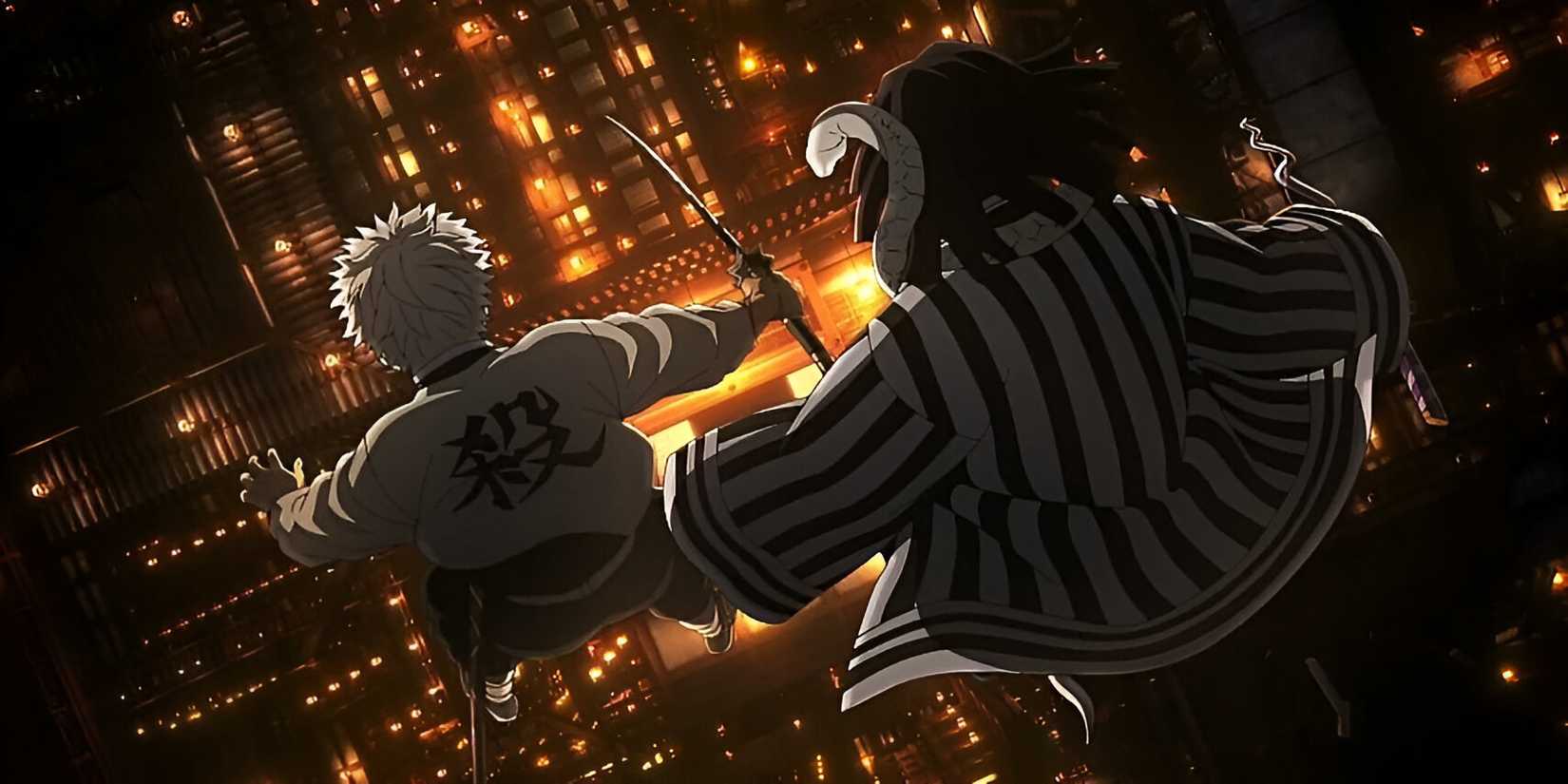 sanemi and obanai falling into the infinity castle demon slayer