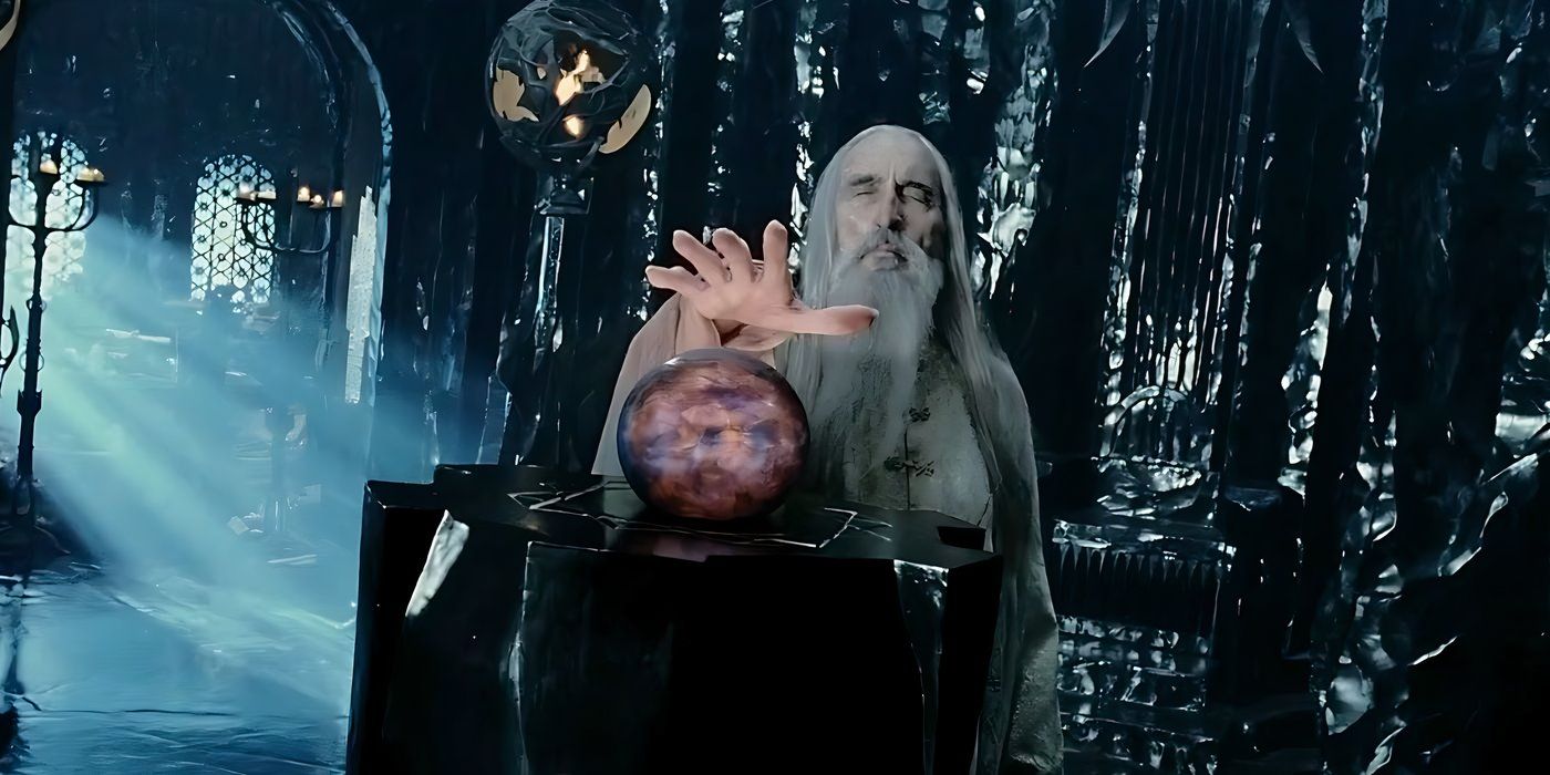 Christopher Lee as Saruman using the Palantir in The Lord of the Rings.