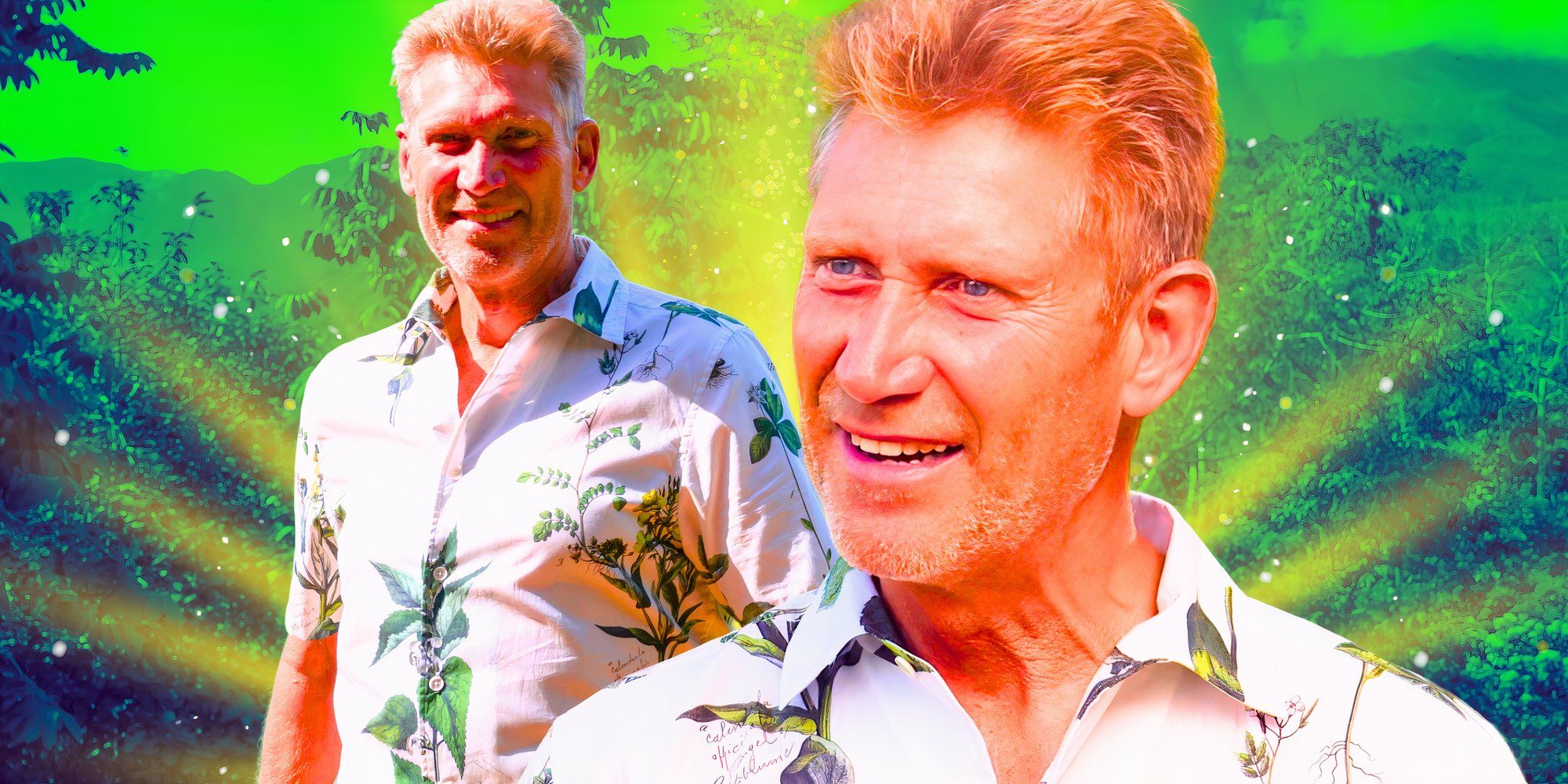 montage of gerry turner looking happy with green background