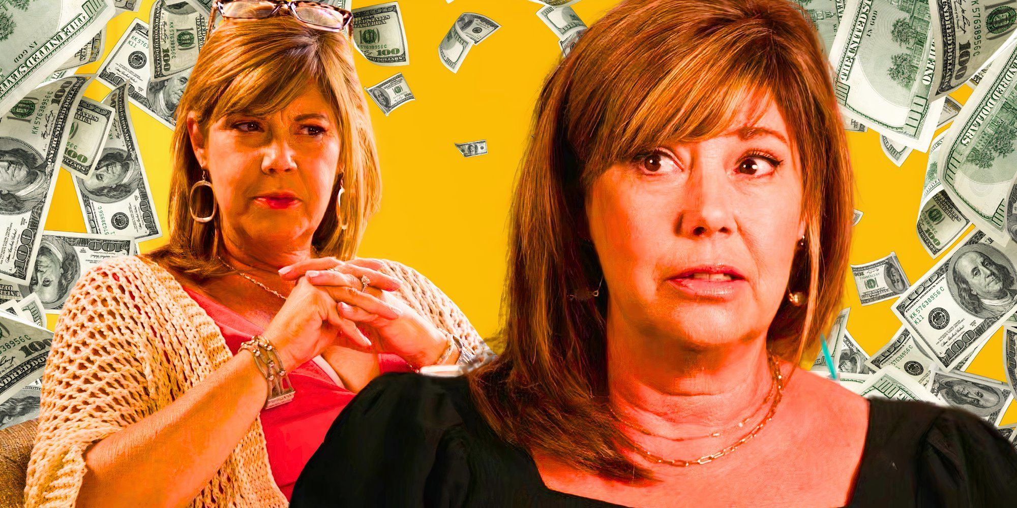 montage of Caryn Chandler looking worried with money background