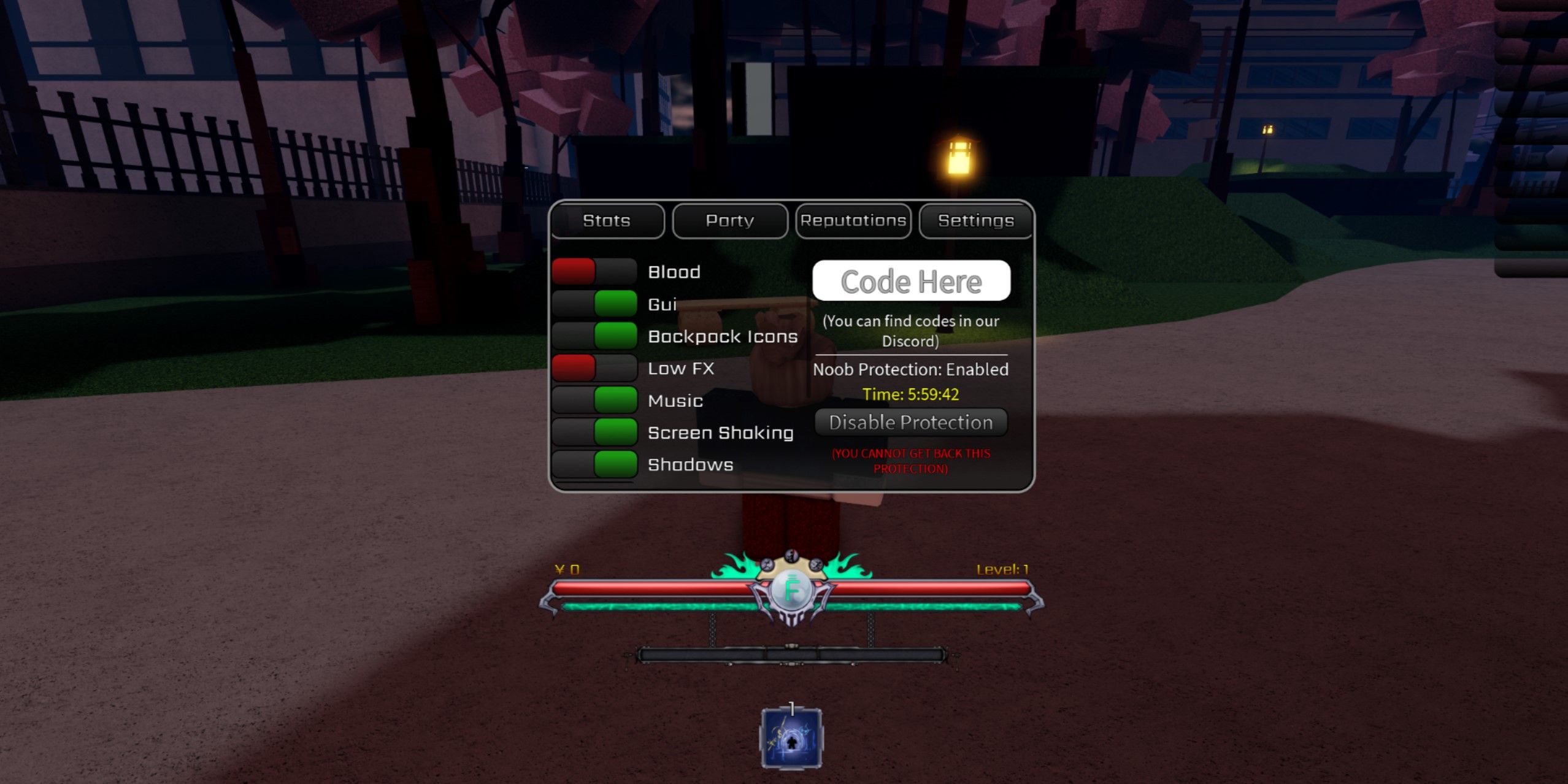 Here's the settings menu with the Code box shown in Roblox Peroxide.