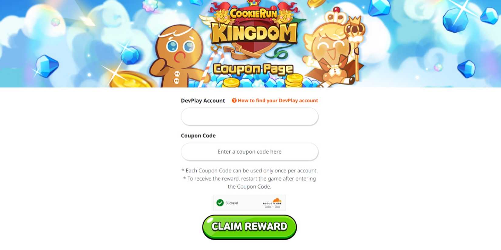 The coupon page on the Cookie Run Kingdom website.