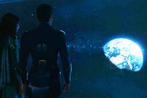 Sersi and Ikaris looking at the Earth in Eternals