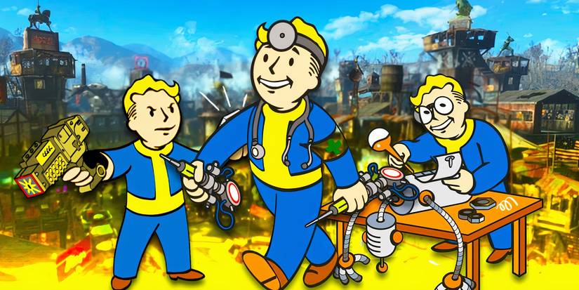 Settlement from Fallout 4 with three perks artwork feautring the Fallout boy