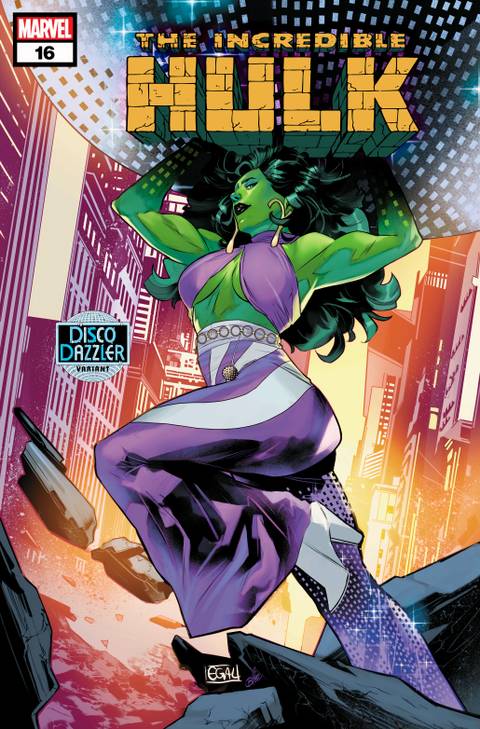 She-Hulk holds aloft a giant disco ball, surrounded by skyscrapers. She wears a purple outfit reminiscent of the 1970s.