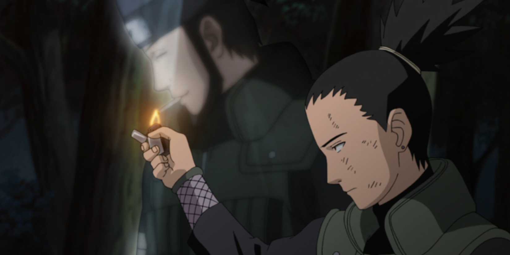 Shikamaru habitually lighting a cigarette for a ghostly Asuma in Naruto