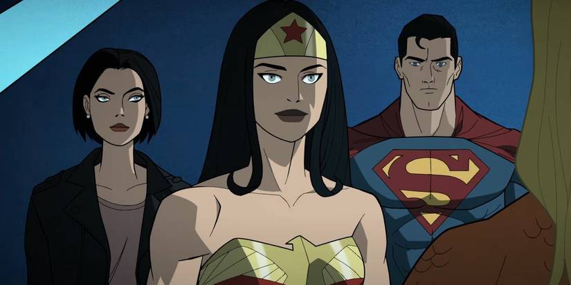 Cena de Liga da Justiça: Crise nas Infinitas Terras com Mulher-Maravilha, Superman e Lois Lane juntos