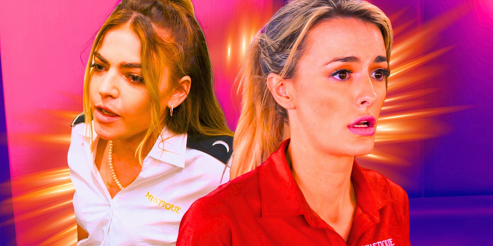 montage of Bri and elena looking shocked on Below Deck Mediterranean with purple and pink background with yellow neon