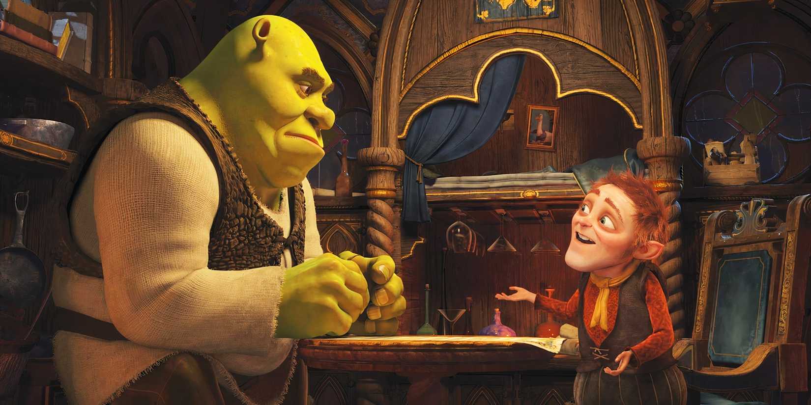 Shrek sitting at a table talking to Rumpel in Shrek Forever After.