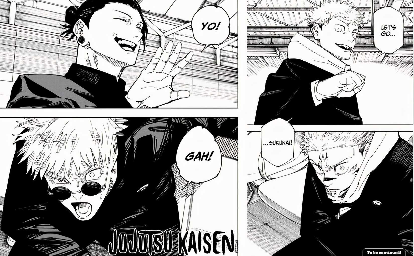 side by side panel of geto greeting gojo during the airport scene and yuji gretting sukuna at the train station after using his domain