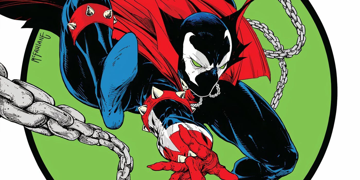 Spawn jumps in front of a green circle, homaging Amazing Spider-Man 301