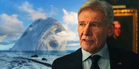 Split image of a Celestial in the ocean from Eternals on the left, Harrison Ford's Thaddeus Ross talking to Sam Wilson in the Oval Office in Captain America Brave New World (2025) on the right