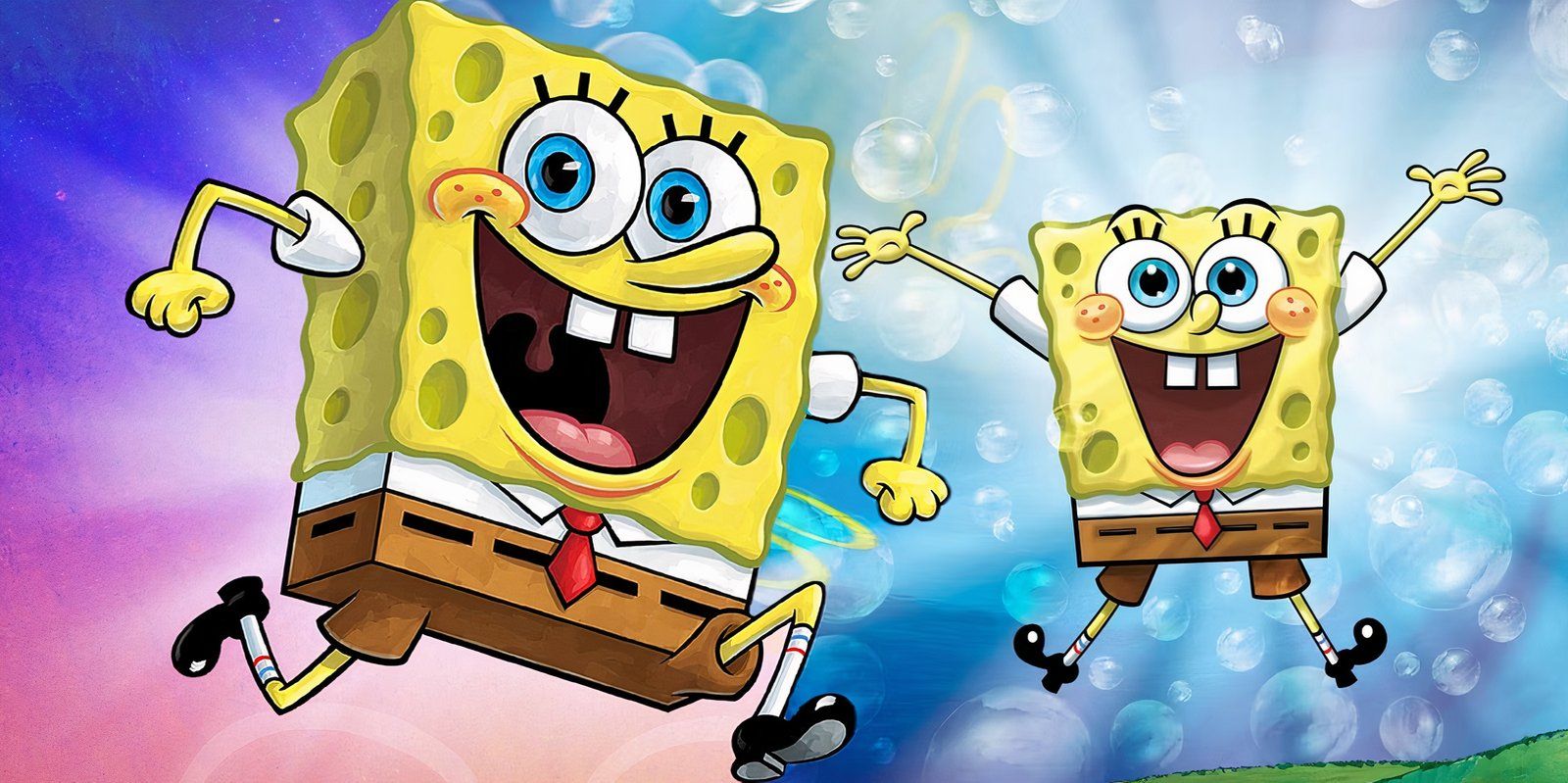 A composite image of SpongeBob jumping forward with a smile and SpongeBob jumping in the air with his arms wide in SpongeBob SquarePants