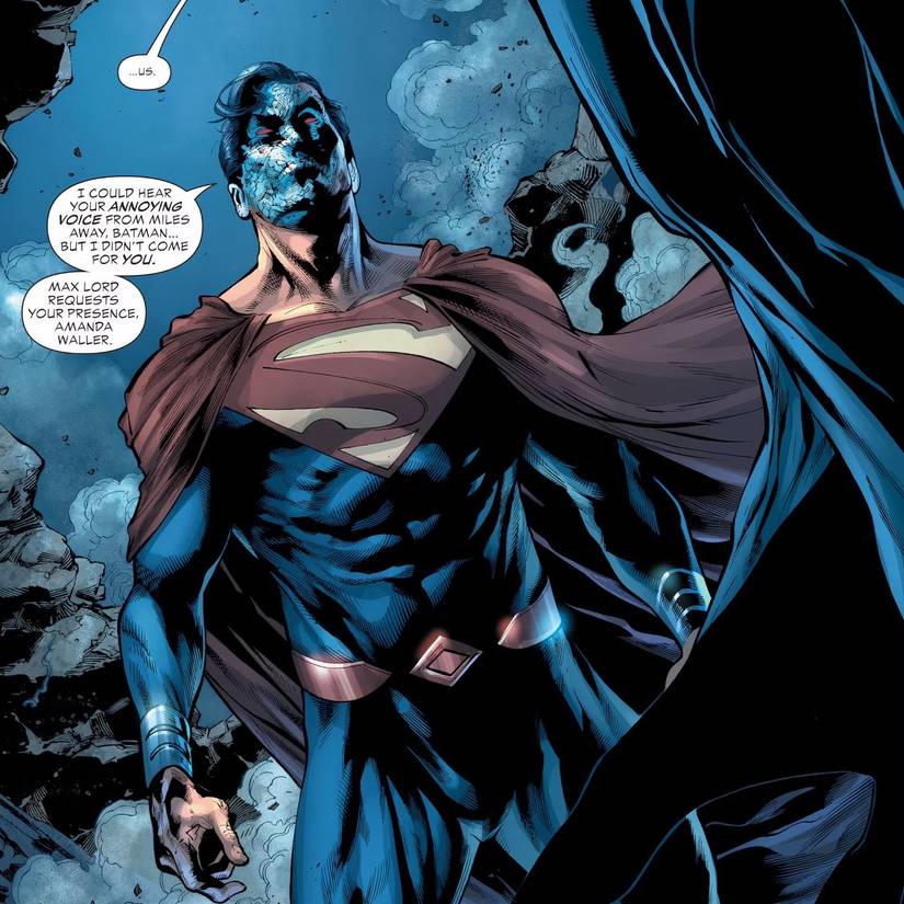 Comic book panel: Superman is possessed by Eclipso, giving him a cracked face.