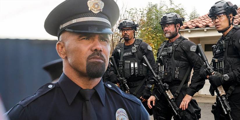 A composite image of Hondo looking stoically while wearing his dress uniform in front of Hondo standing with his team in tactical gear in SWAT