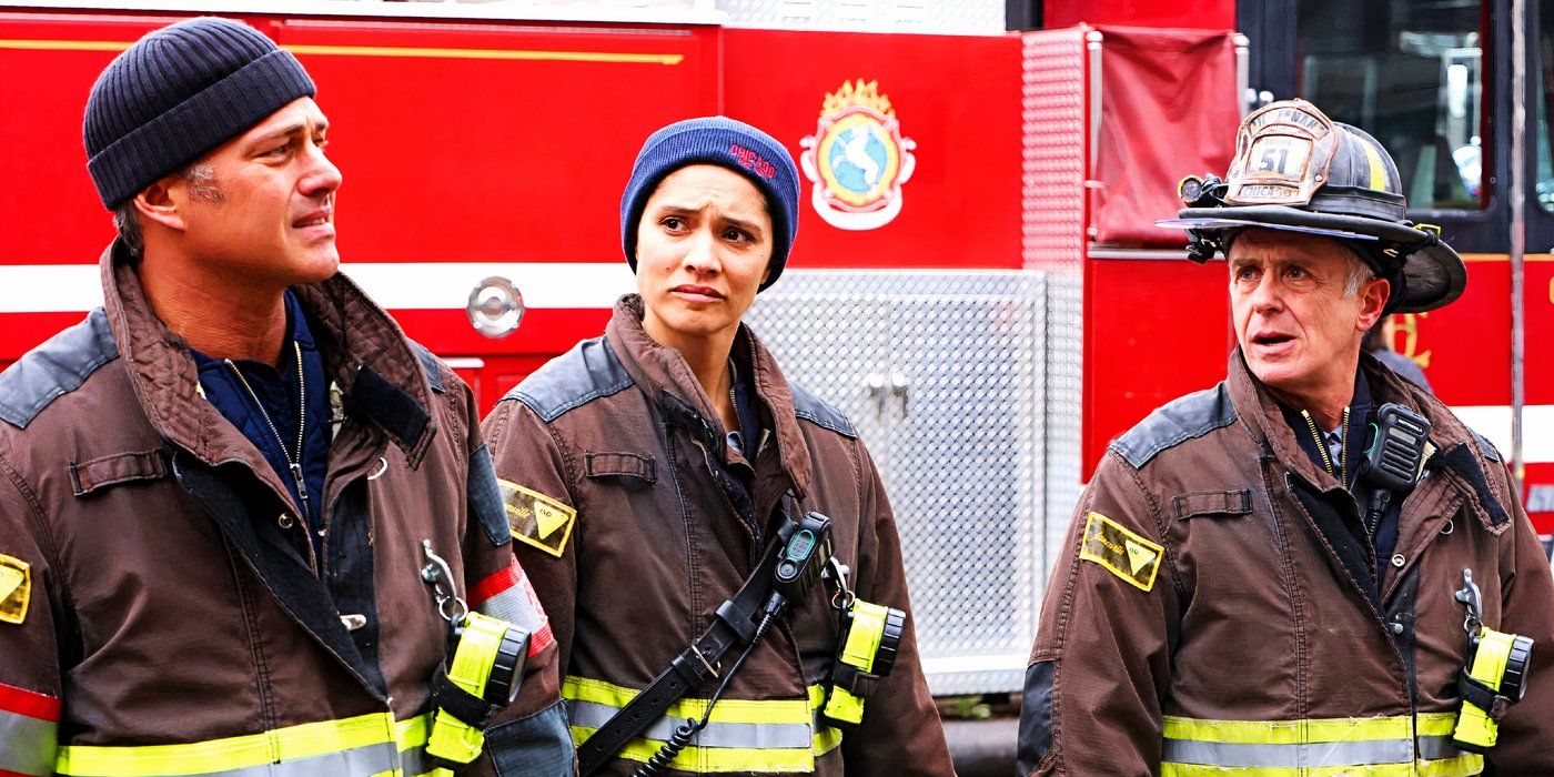 Taylor Kinney as Severide, Miranda Mayo as Kidd, and David Engleberg as Hermann stand next to the fire engine in Chicago Fire