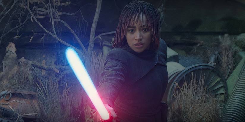 Osha looking at her lightsaber as it bleeds from blue to red in The Acolyte (2024)