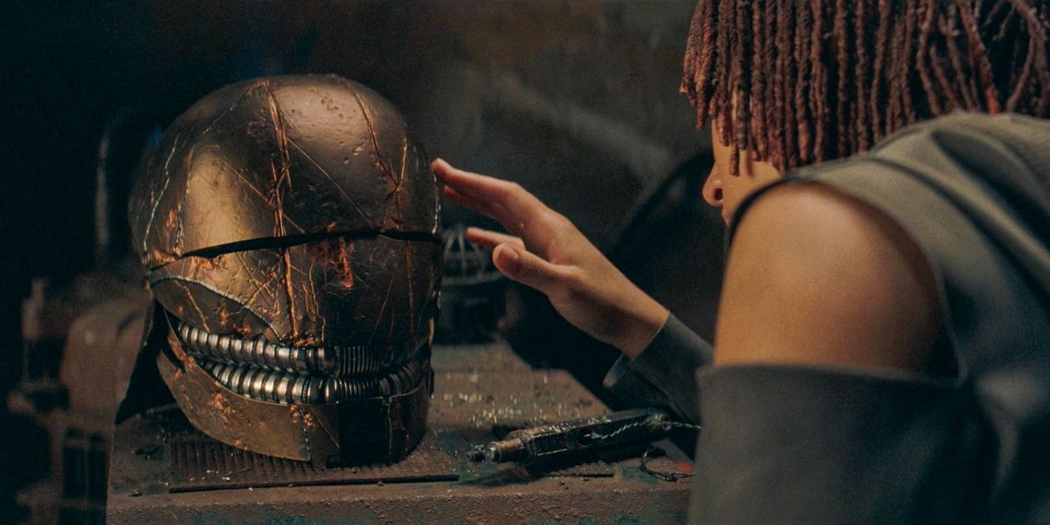 Osha (Amandla Stenberg) touching Qimir's helmet with curiosity in The Acolyte season 1 episode 6