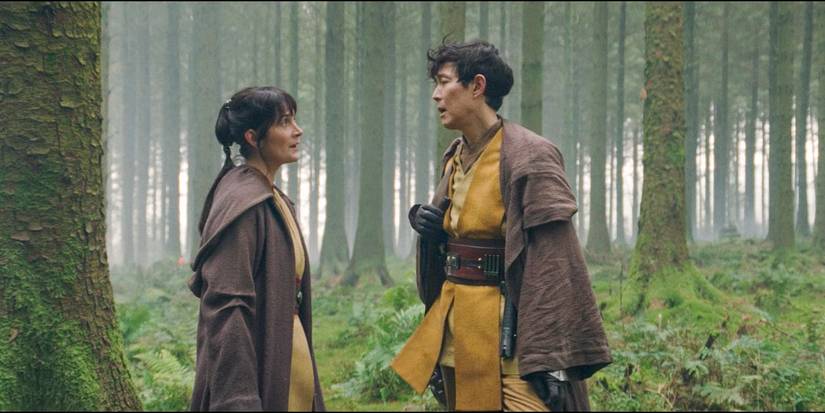 Young Master Sol (Lee Jung-jae) and Young Indara (Carrie-Anne Moss) in Brendok's forest in The Acolyte season 1 episode 7