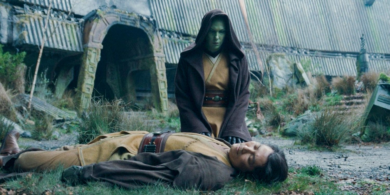 Master Vernestra (Rebecca Henderson) kneeling before the dead body of Master Sol (Lee Jung-jae) in Brendok in The Acolyte season 1 episode 8