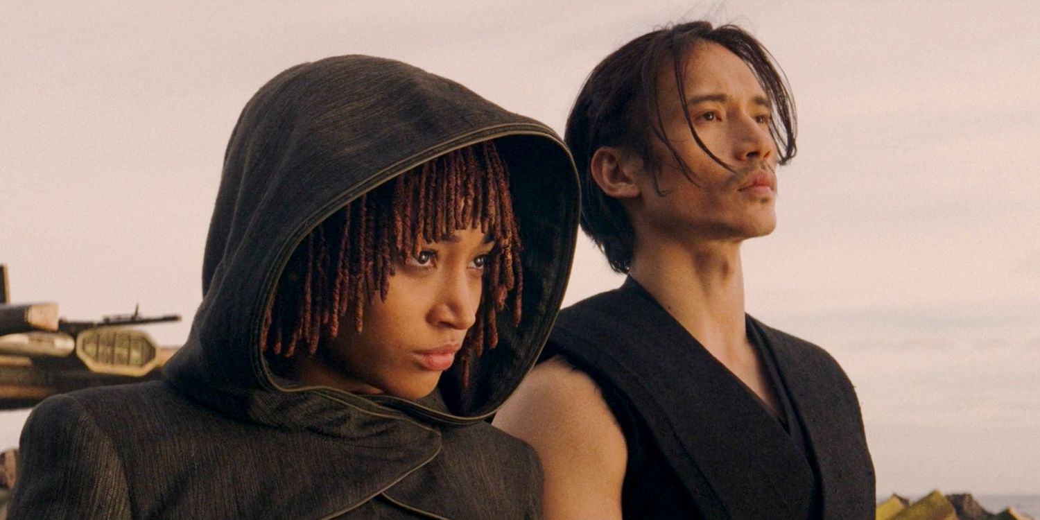 Osha (Amandla Stenberg) and Qimir (Manny Jacinto) looking determined in The Acolyte season 1 episode 8