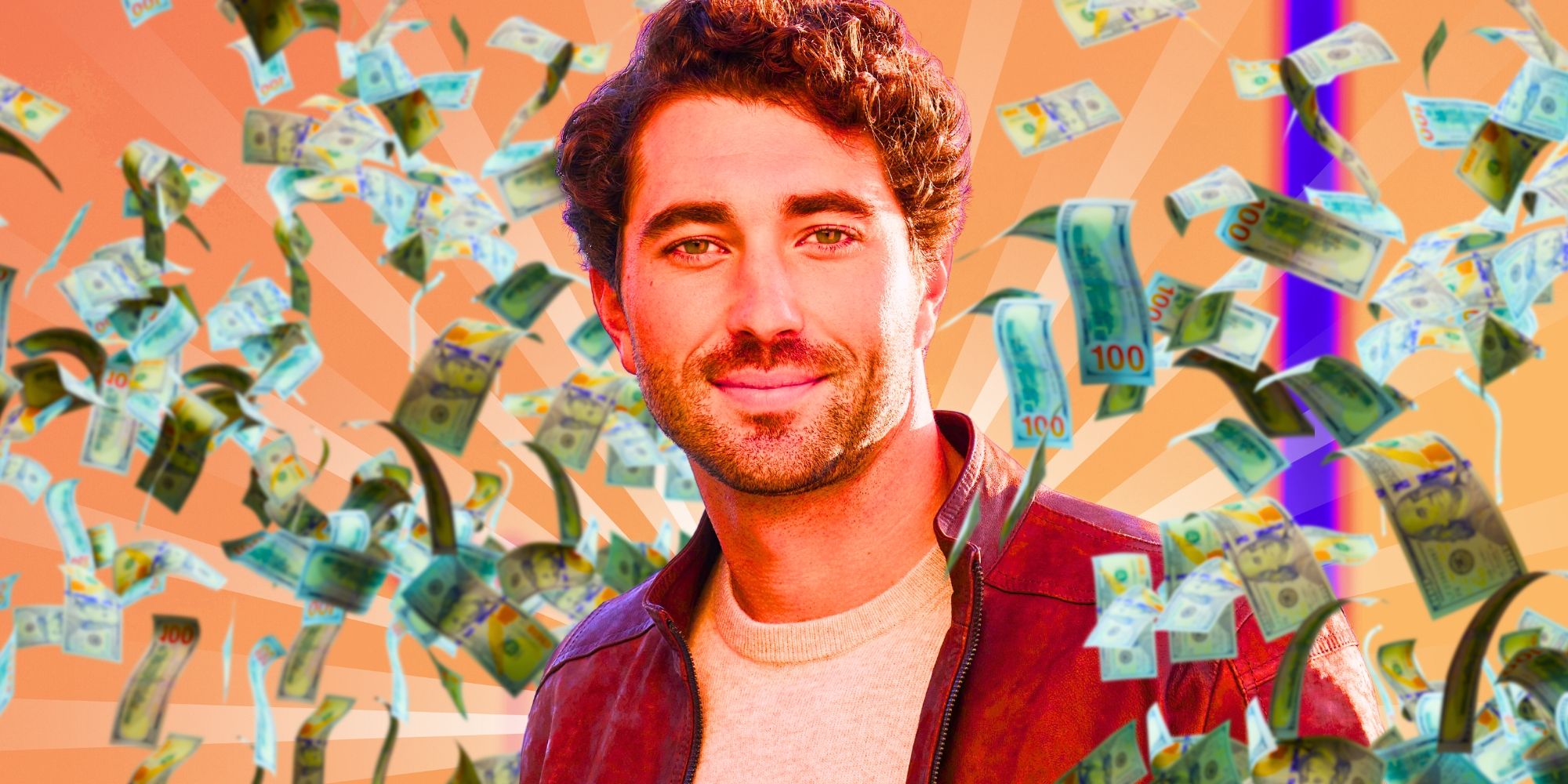 The Bachelor’s Joey Graziadei smiles with a closed mouth with money flying in the background.