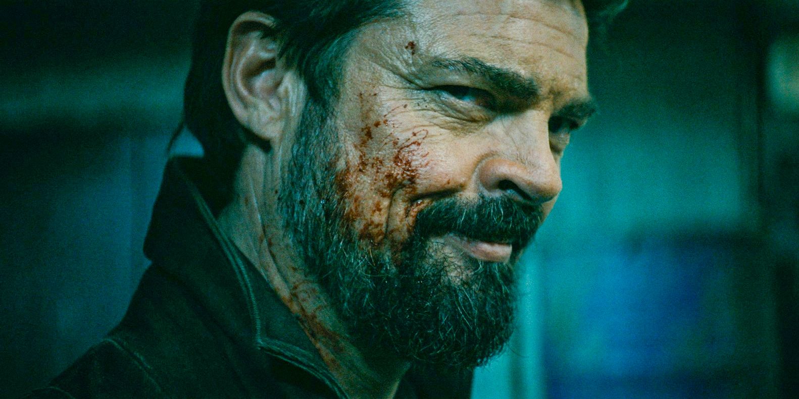 Butcher (Karl Urban) smirking with his face splattered with blood in The Boys Season 4 Episode 8