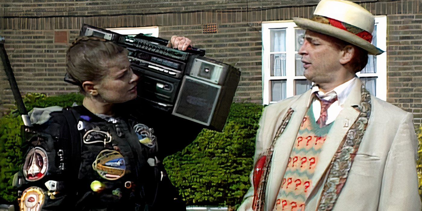 The Doctor and Ace holding a boombox in Doctor Who