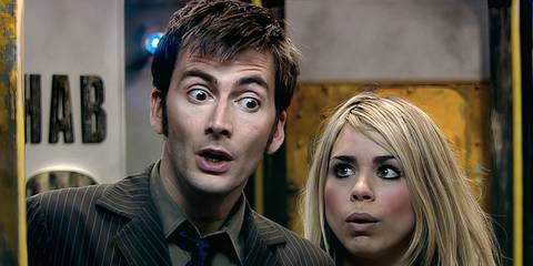 The Doctor and Rose standing together and looking shocked as they see the Ood for the first time in the Doctor Who episode 