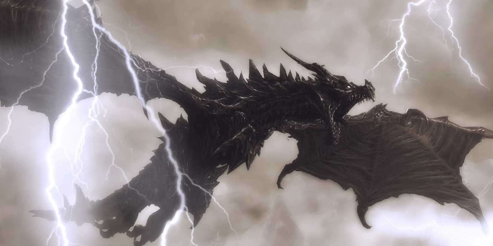The Elder Scrolls Skyrim Alduin flying through a storm