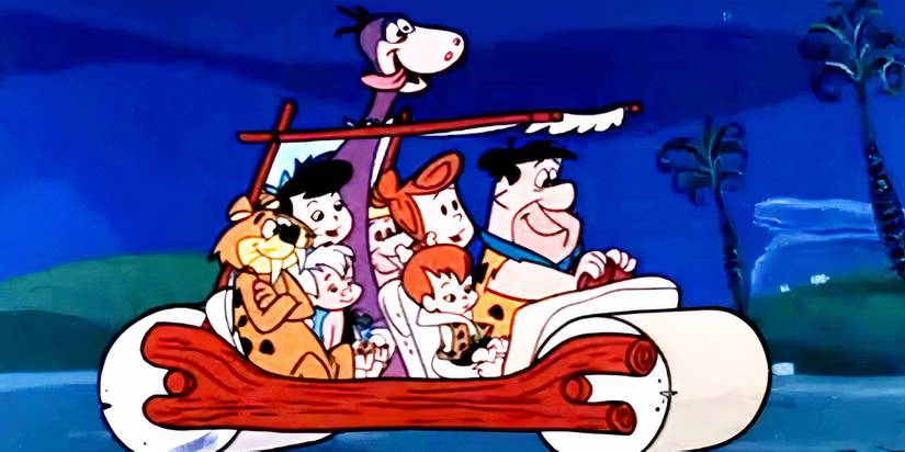 The Flintstones characters in a cart in the animated series