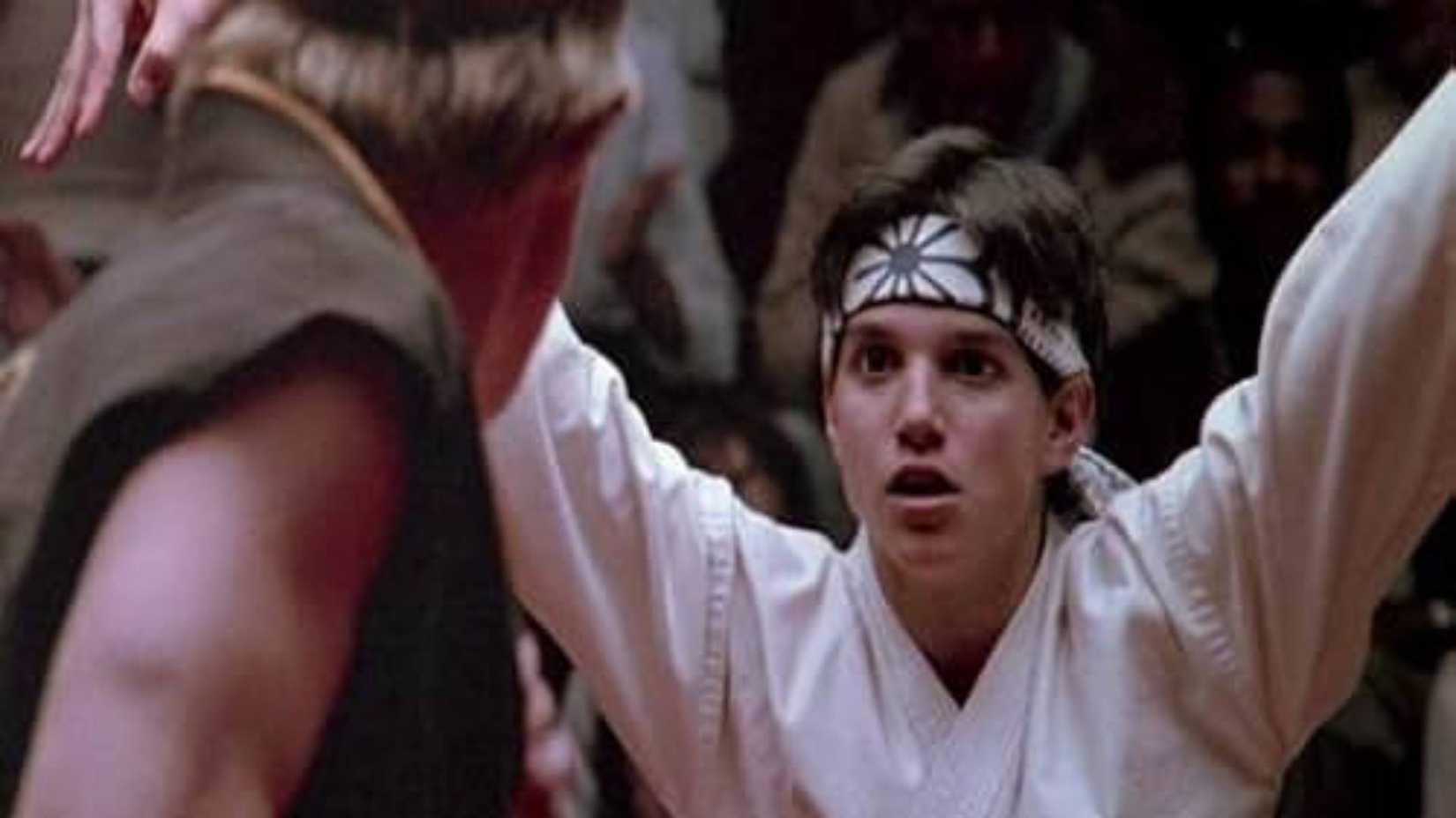 Daniel LaRusso preparing to use his crane kick in The Karate Kid